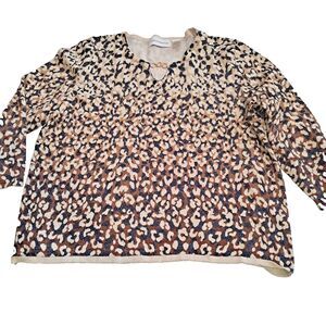 Alfred Dunner Top Large 3/4 Sleeve Brown Animal Print Metallic Blouse